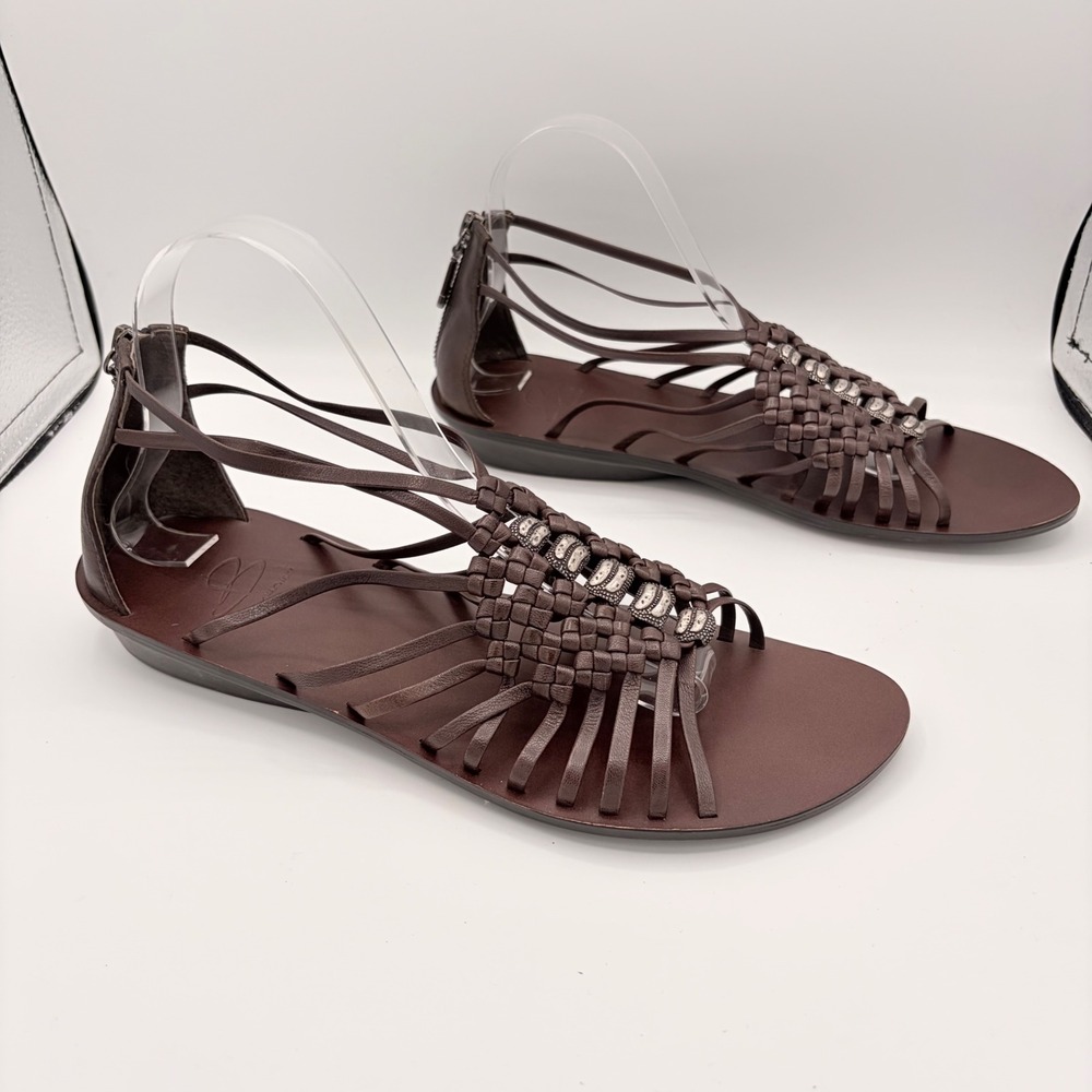 B. Makowsky Gladiator Sandals 9.5 Medium Boho Brown Leather Woven Strappy BFIDOL